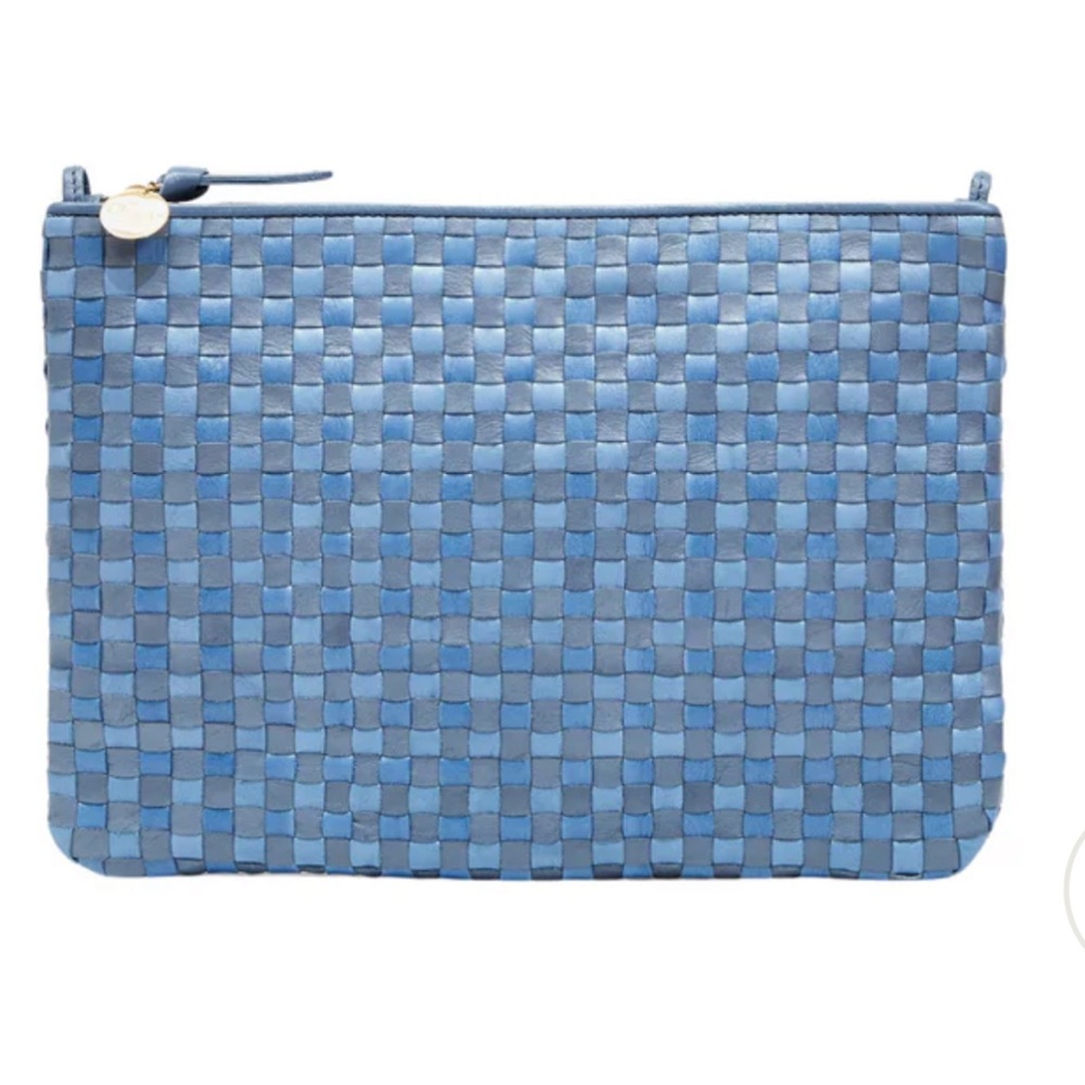 Clare V Flat Clutch w/ Tabs- woven Checker- Light Blue/Denim